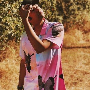 Fashion Nova Men Butterfly Print Short Sleeve Button Down Shirt In Large